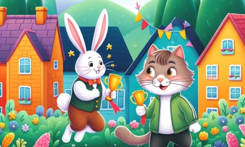 Une illustration destinée aux enfants représentant un chat curieux et aventurier, une fête des animaux avec un lapin compétitif, se déroulant dans un village paisible aux maisons colorées et aux jardins fleuris.
