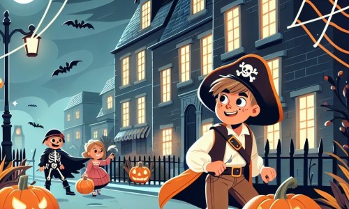 Une illustration destinée aux enfants représentant un jeune garçon déguisé en pirate courageux, explorant une maison hantée sinistre avec ses amis, dans une rue décorée de citrouilles lumineuses et de toiles d'araignée en plastique pour Halloween.