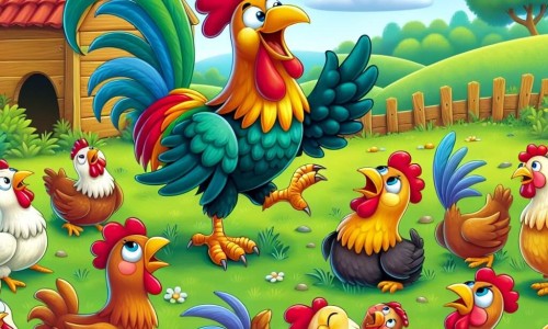 Une illustration destinée aux enfants représentant un coq farceur multicolore en train de jouer des tours amusants à des poules perplexes dans une ferme paisible entourée de champs verdoyants et de poulaillers en bois.