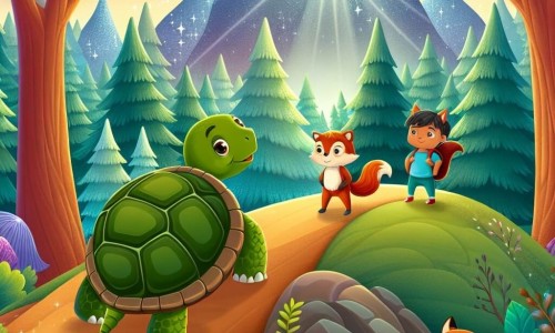 Une illustration destinée aux enfants représentant une tortue courageuse se tenant au sommet d'une colline escarpée, accompagnée d'un écureuil garçon et d'un renard garçon, dans une forêt enchanteresse aux arbres majestueux et aux couleurs chatoyantes.