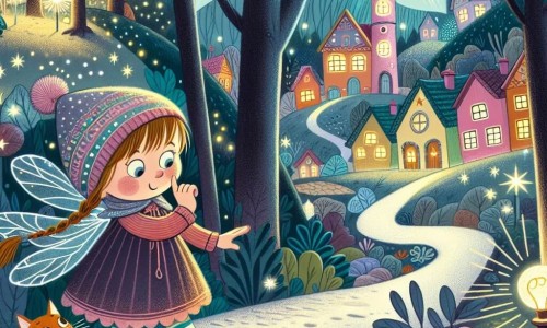 Une illustration destinée aux enfants représentant une petite fille curieuse se lançant dans une enquête magique avec l'aide d'une fée étincelante et d'un chat espiègle, dans un village enchanté au cœur d'une forêt mystérieuse aux arbres lumineux et aux maisons colorées.