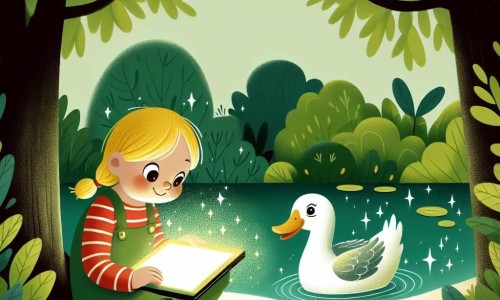 Une illustration destinée aux enfants représentant une fille captivée par un écran lumineux, accompagnée d'un canard aux plumes miroitantes, assise au bord d'un étang caché derrière des arbres verdoyants.