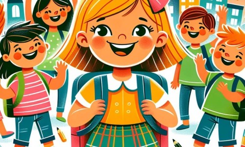 Une illustration destinée aux enfants représentant une petite fille pleine d'enthousiasme le jour de la rentrée des classes, entourée de ses amis, dans une cour d'école colorée et animée.