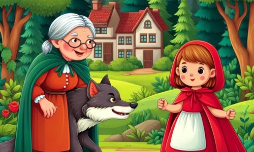 Une illustration destinée aux enfants représentant une jeune fille intrépide vêtue d'une cape écarlate, confrontée à un loup rusé et déguisé en grand-mère, dans un village pittoresque entouré d'une dense forêt verdoyante.