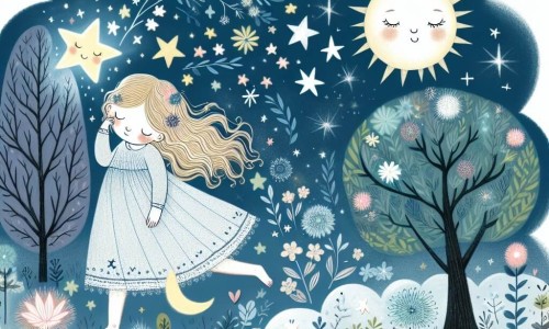 Une illustration destinée aux enfants représentant une fillette rêveuse se retrouvant dans un jardin magique peuplé d'étoiles vivantes, accompagnée d'une étoile nommée Luna, dans un endroit où les fleurs scintillent comme des étoiles et les arbres murmurent des secrets célestes.
