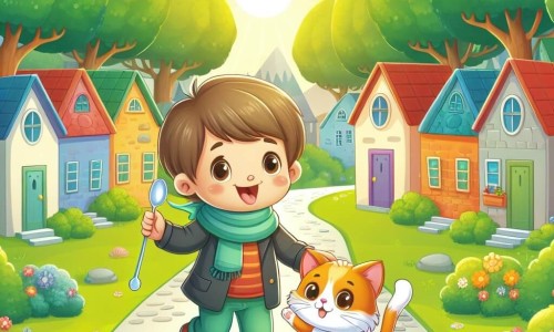 Une illustration destinée aux enfants représentant un petit garçon joyeux et curieux traversant une épreuve de maladie, accompagné d'un adorable chaton, dans un village aux maisons colorées, bordé d'arbres verdoyants et baigné par un doux soleil.