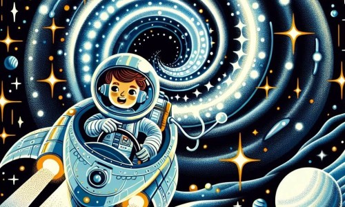 Une illustration destinée aux enfants représentant une astronaute courageuse et déterminée, embarquée à bord d'un vaisseau spatial scintillant, naviguant à travers un vortex spatial mystérieux, dans un système solaire inexploré aux océans scintillants.