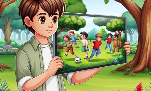 Une illustration destinée aux enfants représentant un garçon aux cheveux bruns, captivé par un écran lumineux, découvrant ses amis en train de jouer joyeusement dans un parc verdoyant aux arbres majestueux et aux fleurs colorées.