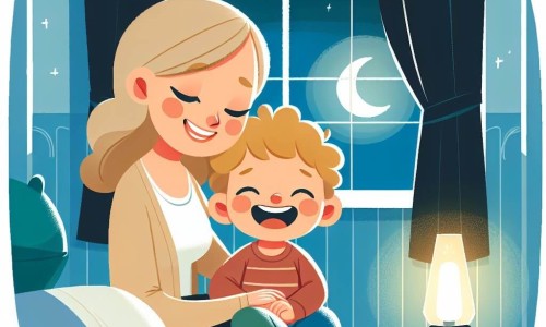 Une illustration destinée aux enfants représentant un petit garçon au sourire éclatant, confronté à sa peur du noir, accompagné de sa douce maman, dans une chambre chaleureuse éclairée par une douce lueur de veilleuse.