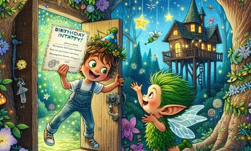 Une illustration destinée aux enfants représentant un garçon énergique découvrant une mystérieuse invitation pour une fête d'anniversaire dans une cabane magique de la forêt enchantée, accompagné d'un lutin farceur aux cheveux verts et au sourire espiègle, entourés d'arbres majestueux, de fleurs colorées, de champignons lumineux et de lucioles dansantes.