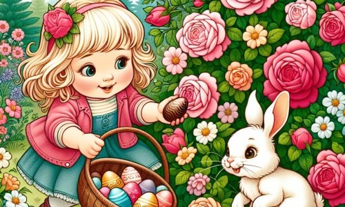 Une illustration destinée aux enfants représentant une fille curieuse et pleine de vie cherchant des œufs en chocolat dans un jardin fleuri, accompagnée d'un lapin blanc farceur, le tout se déroulant sous un grand rosier aux fleurs multicolores.