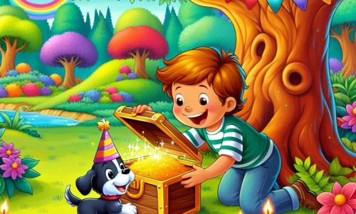 Une illustration destinée aux enfants représentant un garçon plein de joie le jour de son anniversaire, accompagné de son fidèle chiot, découvrant un trésor caché sous un arbre majestueux dans un jardin enchanté aux couleurs éclatantes.