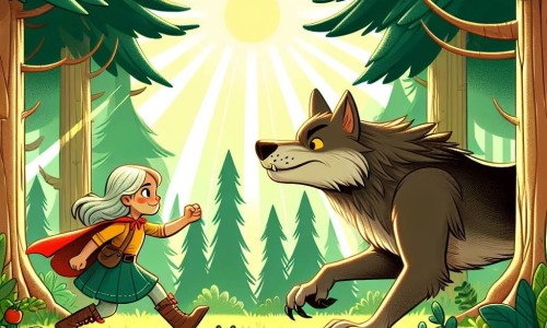 Une illustration destinée aux enfants représentant une jeune fille intrépide, accompagnée d'un adorable loup, défiant un grand méchant loup dans une forêt dense, où les arbres majestueux se dressent fièrement et les rayons de soleil filtrent à travers les feuillages verdoyants.