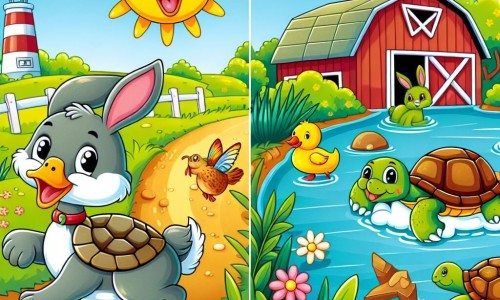 Une illustration destinée aux enfants représentant un canard farceur, un lapin petit et une tortue rapide dans une ferme ensoleillée bordée d'un étang scintillant.