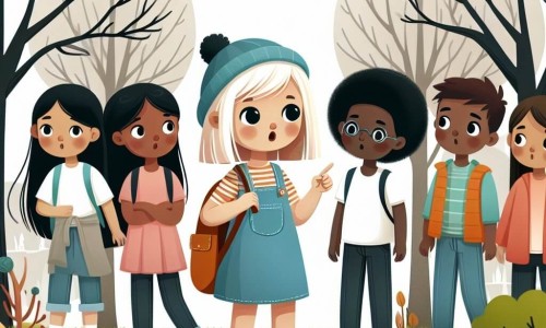 Une illustration destinée aux enfants représentant une fille curieuse découvrant le changement climatique dans un parc aux arbres délavés, accompagnée de ses amis formant un petit groupe engagé pour protéger l'environnement.