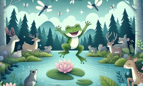 Une illustration destinée aux enfants représentant une petite grenouille rêveuse, entourée d'animaux de la forêt, sautant joyeusement près d'un étang scintillant entouré de nénuphars et de libellules, dans une vaste forêt verdoyante et mystérieuse.