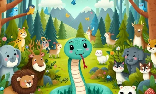 Une illustration destinée aux enfants représentant un serpent curieux se retrouvant entouré d'animaux joyeux dans une forêt enchantée aux arbres majestueux et aux couleurs chatoyantes.