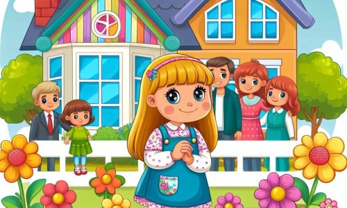 Une illustration destinée aux enfants représentant une petite fille curieuse vivant à côté d'une famille chaleureuse et unie, dans une maison colorée avec un joli jardin fleuri.