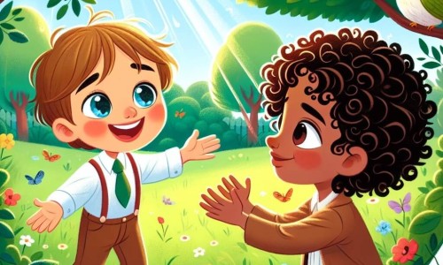 Une illustration destinée aux enfants représentant un petit garçon au sourire radieux faisant la rencontre d'une nouvelle amie aux cheveux bouclés et aux yeux pétillants, dans un parc ensoleillé rempli d'arbres verdoyants et d'oiseaux chantants.