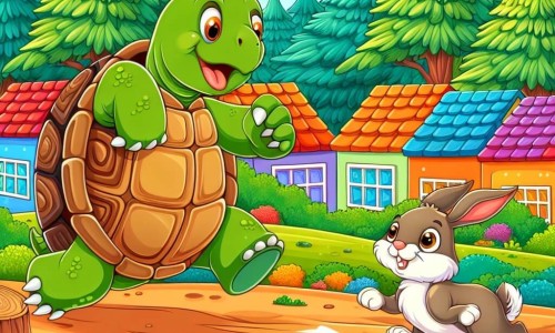 Une illustration destinée aux enfants représentant une tortue malicieuse et pleine d'énergie, défiant un lièvre prétentieux lors d'une course palpitante dans un village forestier aux maisons colorées et aux arbres majestueux.