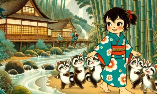 Une illustration destinée aux enfants représentant une jeune femme douce et courageuse, accompagnée de tanukis dansant joyeusement, au bord d'une rivière scintillante, dans un village japonais entouré de bambous mystérieux.