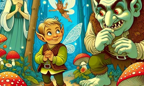 Une illustration destinée aux enfants représentant un jeune elfe malicieux découvrant un troll gourmand dans une forêt enchantée, entouré de champignons lumineux et de pommes volantes, avec une fée sévère mais bienveillante observant la scène, le tout dans un décor féerique aux couleurs chatoyantes et aux détails enchanteurs.
