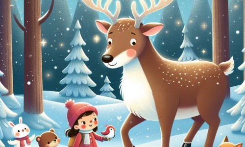 Une illustration destinée aux enfants représentant un renne au grand bois brillant, venant en aide à une petite fille perdue, accompagné de ses amis animaux, dans une forêt enneigée aux arbres couverts de neige scintillante.