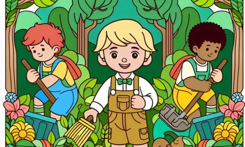 Une illustration destinée aux enfants représentant un petit garçon curieux et plein d'énergie, accompagné de ses amis, nettoyant une forêt verdoyante bordée d'arbres majestueux et de fleurs colorées.