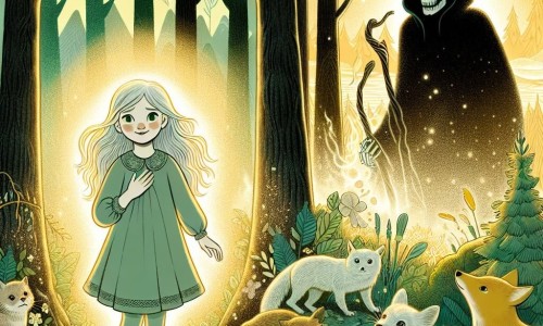 Une illustration destinée aux enfants représentant une jeune fille au teint aussi clair que la neige, confrontée à un sinistre pollueur, accompagnée d'animaux de la forêt, dans une clairière verdoyante baignée de lumière dorée.