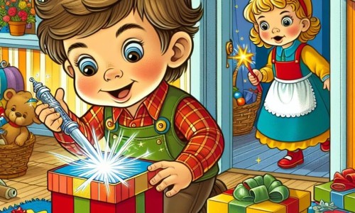 Une illustration destinée aux enfants représentant un petit garçon plein d'énergie préparant un cadeau scintillant pour la fête des mères, avec sa sœur curieuse observant depuis l'encadrement de la porte, dans une chambre colorée remplie de jouets et de trésors.