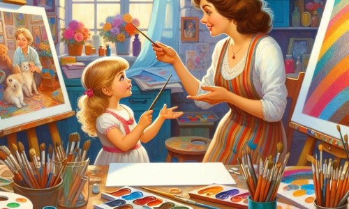 Une illustration destinée aux enfants représentant une artiste femme, pleine de couleurs et de vie, partageant ses connaissances avec une petite fille curieuse, dans un atelier rempli de toiles colorées, de pinceaux et de pots de peinture éclatants.