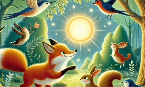 Une illustration destinée aux enfants représentant un renard malicieux se jouant de ses amis animaux, dans une clairière enchantée baignée par la lumière du soleil couchant, en compagnie d'un lapin, d'un écureuil et d'une hirondelle, tous trois émerveillés par la beauté de cet endroit magique.