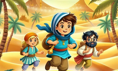 Une illustration destinée aux enfants représentant un jeune garçon courageux et curieux, accompagné de ses amis, une fille intrépide et un garçon ingénieux, traversant un désert mystérieux parsemé de dunes de sable doré et entouré de palmiers majestueux sous un ciel bleu azur.