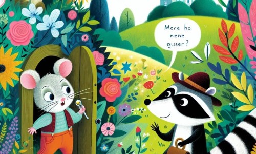 Une illustration destinée aux enfants représentant une petite souris malicieuse découvrant un mystère avec son ami raton laveur, dans un jardin fleuri et coloré de la campagne.