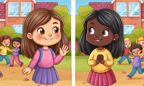 Une illustration destinée aux enfants représentant une fille courageuse confrontée à des préjugés, accompagnée d'une nouvelle élève timide aux cheveux noirs brillants, dans une cour d'école colorée et animée par le jeu des enfants.