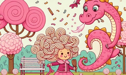 Une illustration destinée aux enfants représentant une fille aux cheveux bouclés comme des spaghettis, se promenant avec un dragon rose en peluche qui crache des confettis, dans un parc aux arbres en forme de bonbons et aux bancs en barbe à papa.