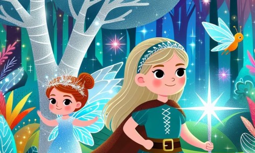 Une illustration destinée aux enfants représentant une jeune femme courageuse se tenant devant un arbre argenté dans une forêt enchantée, accompagnée d'une fée étincelante, entourée de créatures fantastiques aux couleurs chatoyantes, dans un royaume magique où la lumière triomphe des ténèbres.