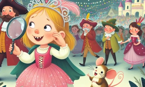 Une illustration destinée aux enfants représentant une fillette espiègle à la recherche de son costume de fée scintillant, accompagnée d'une petite souris mousquetaire, dans la vallée enchantée de Féeriland, en pleine effervescence pour le carnaval.