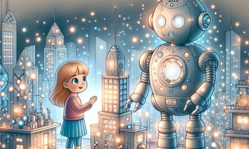 Une illustration destinée aux enfants représentant une fillette explorant une ville futuriste aux bâtiments brillants, accompagnée d'un robot lumineux, dans la ville d'Aurora.