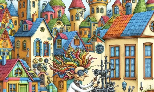 Une illustration destinée aux enfants représentant un inventeur farfelu à la chevelure en bataille, une machine délirante, une vieille sage et coloré village aux maisons aux façades vives et aux ruelles pavées.