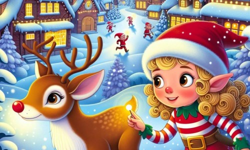 Une illustration destinée aux enfants représentant une jeune fille aux cheveux bouclés couleur de blé, aidant un lutin rouge à retrouver un renne farceur dans un village recouvert de neige, illuminé par des lumières scintillantes et une atmosphère chaleureuse.