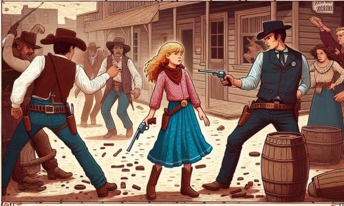 Une illustration destinée aux enfants représentant une jeune cow-girl courageuse se retrouvant au cœur d'une bagarre tumultueuse dans un saloon poussiéreux de la ville de Tombstone, en compagnie du shérif bienveillant.