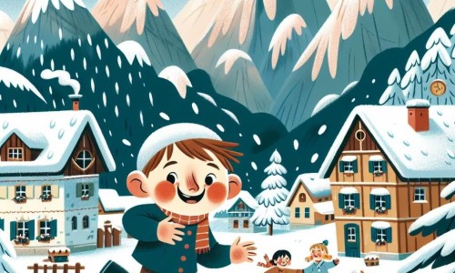 Une illustration destinée aux enfants représentant un jeune garçon, les joues rosies par le froid, s'amusant avec ses amis dans un petit village enneigé, entouré de majestueuses montagnes, lors d'un hiver rempli de surprises.
