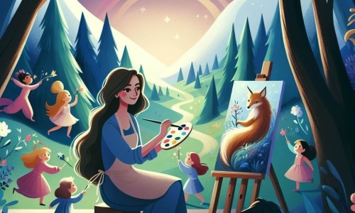 Une illustration destinée aux enfants représentant une artiste passionnée peignant des paysages magiques avec l'aide de jeunes enfants talentueux, dans un atelier caché au cœur de la forêt, où les couleurs brillent et les formes prennent vie.