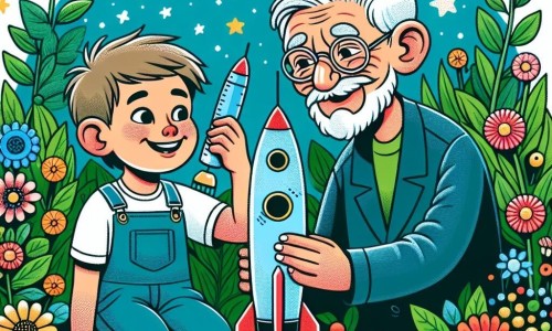 Une illustration destinée aux enfants représentant un jeune garçon passionné par les étoiles, aidé par un sympathique voisin retraité, construisant une fusée miniature dans un jardin verdoyant parsemé de fleurs multicolores.