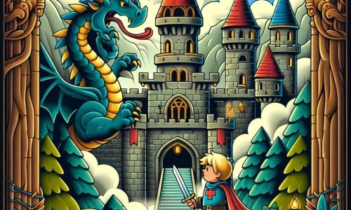 Une illustration destinée aux enfants représentant un jeune chevalier courageux affrontant des épreuves mystérieuses avec l'aide d'un dragon amical dans un château majestueux aux tours ornées de drapeaux colorés, entouré d'une forêt dense et mystique.