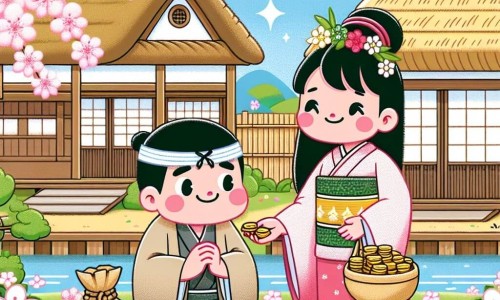 Une illustration destinée aux enfants représentant une femme d'une grande bonté, aidant un homme cupide et avide de richesse, dans un village japonais pittoresque aux toits de chaume et aux cerisiers en fleurs.