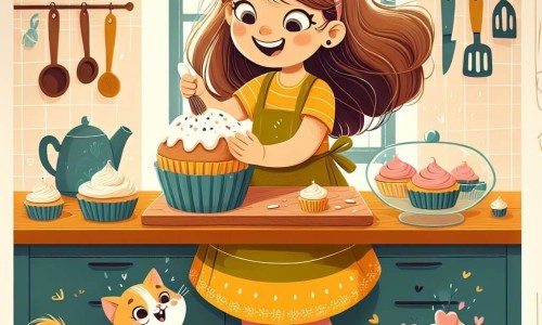 Une illustration destinée aux enfants représentant une fillette pleine d'énergie préparant une surprise pour la fête des pères, avec son chaton malicieux, dans une cuisine chaleureuse remplie de délicieuses odeurs sucrées.