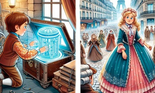 Une illustration destinée aux enfants représentant un garçon curieux découvrant un mystérieux appareil temporel dans le grenier de sa grand-mère, accompagné d'une jeune fille intrépide vêtue d'une robe d'époque, dans les rues animées et colorées de Paris en 1789.