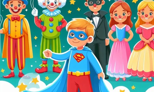 Une illustration destinée aux enfants représentant un petit garçon déguisé en super-héros, participant à un concours de déguisements lors d'un carnaval coloré rempli de clowns rigolos, de princesses étincelantes et d'un magicien mystérieux.